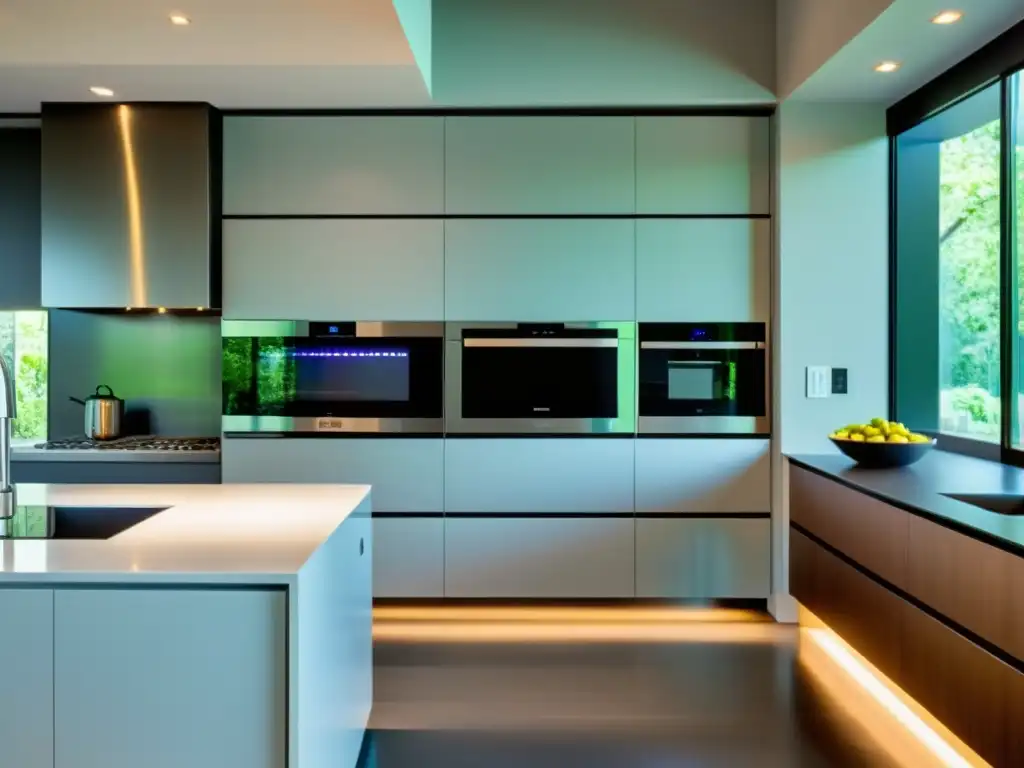 Microondas de última generación en una cocina moderna Evolución del microondas en cocina: Cocina moderna con microondas de alta tecnología, luces LED y elegante diseño contemporáneo