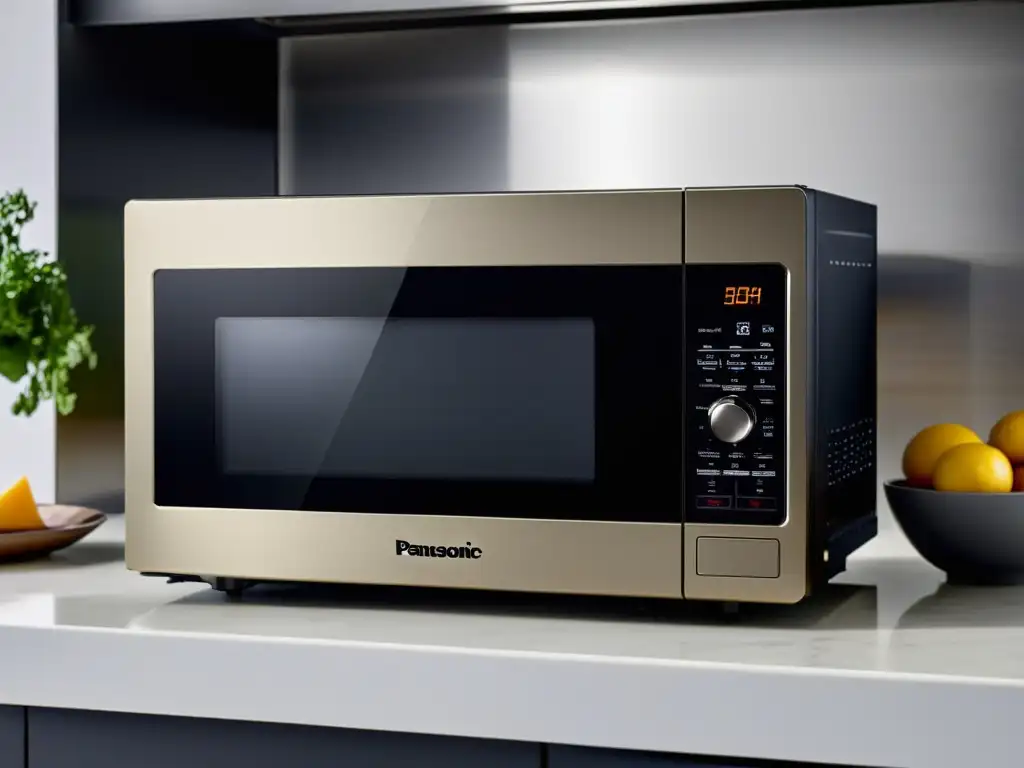 Microondas Panasonic NNDF386BZPE: Elegancia en la cocina Microondas con grill Panasonic NNDF386BZPE en cocina moderna con elegante decoración minimalista y luz natural cálida