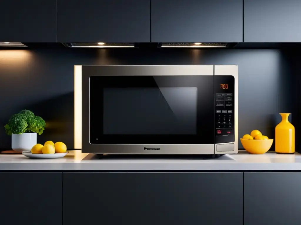 Microondas Panasonic NNDF386BZPE: Elegancia en la cocina Un microondas con grill Panasonic NNDF386BZPE en una cocina moderna y elegante, iluminada con luz natural