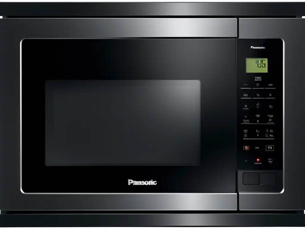 Microondas Panasonic NNDF386BZPE: Diseño moderno en acero negro Un microondas con grill Panasonic NNDF386BZPE de diseño moderno en acero inoxidable negro, con una suave iluminación resaltando sus elegantes detalles