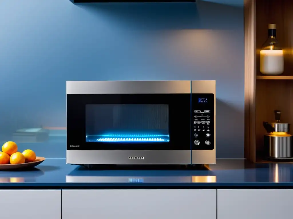 Microwave hightech con puerta de cristal transparente y luces LED azules Microondas futurista con luces LED azules, acabado metálico y controles táctiles, reflejando la evolución del microondas en cocina