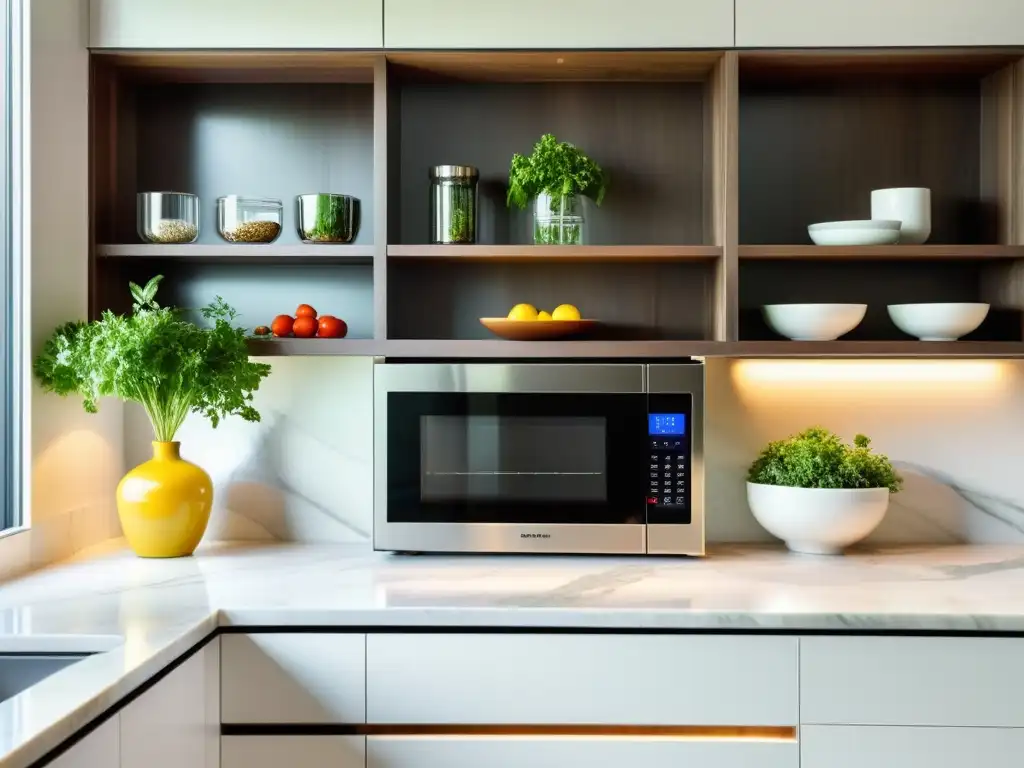 Microondas de acero inoxidable en cocina moderna Microondas integrado en cocina moderna, iluminada por luz natural