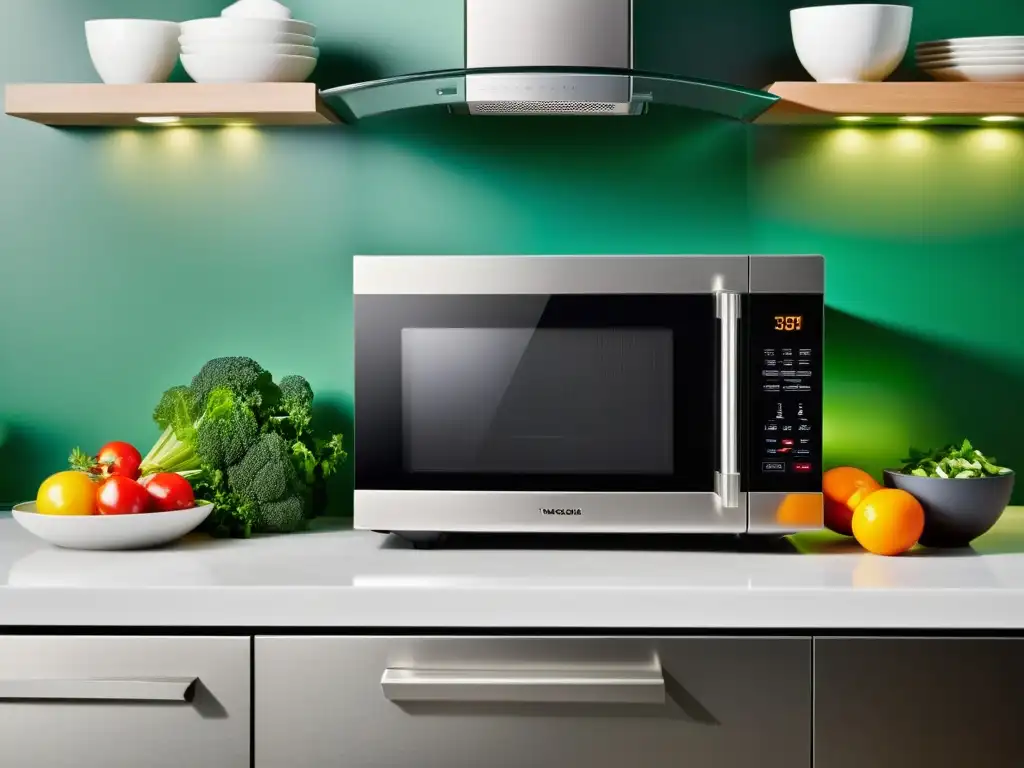 Microondas de acero inoxidable: moderno y luminoso Un microondas moderno de acero inoxidable con pantalla digital, controles táctiles y puerta de vidrio transparente en una cocina minimalista