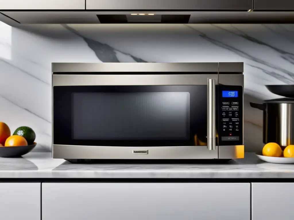 Microondas moderno de acero inoxidable en cocina elegante Microondas moderno de acero inoxidable con panel de control avanzado, iluminado por una luz ambiental que resalta su diseño sofisticado