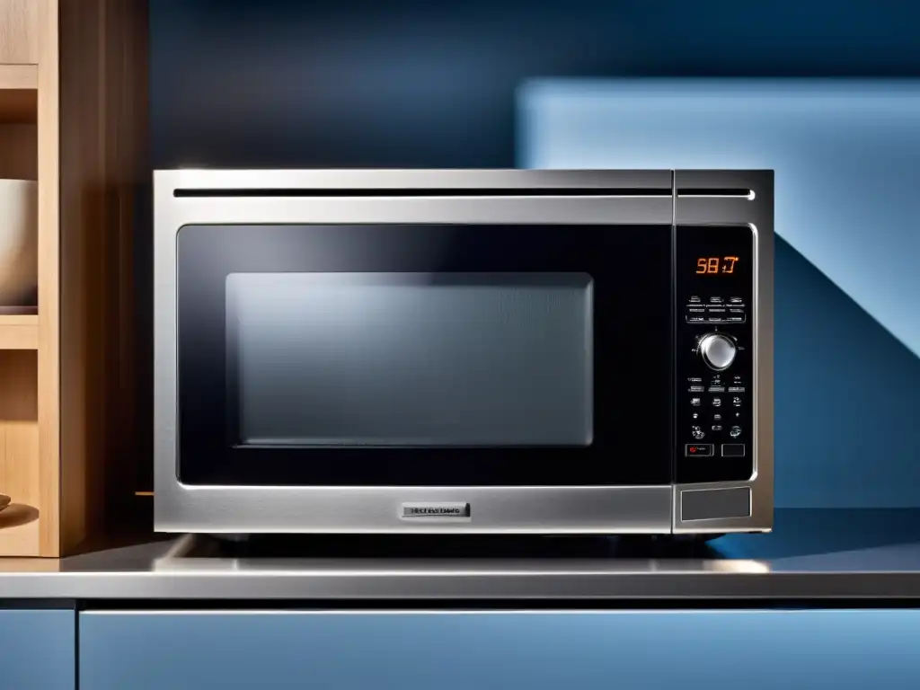 Microondas moderno con iluminación azul suave y diseño contemporáneo Un microondas moderno con iluminación azul suave y controles táctiles