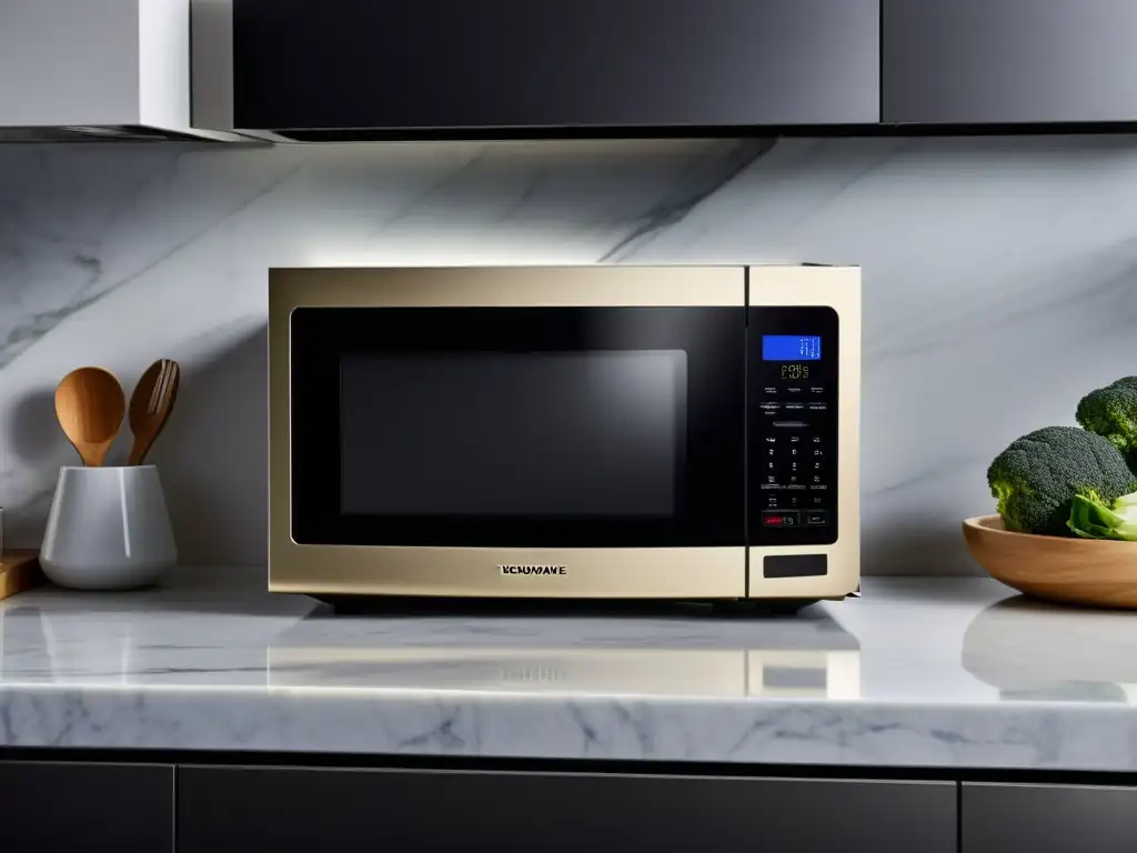 Un microondas moderno con diseño futurista y funcionalidades innovadoras, en una cocina elegante