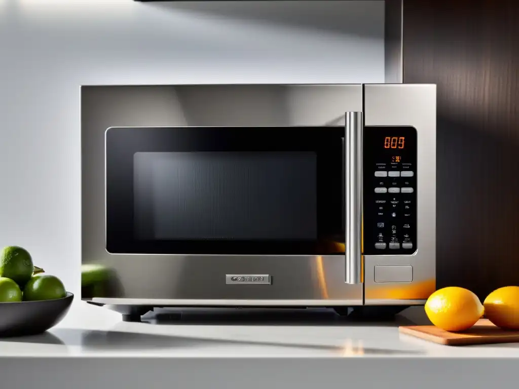 Microondas de acero inoxidable con pantalla digital Un microondas moderno y elegante con funciones avanzadas, tecnología de vanguardia y un diseño sofisticado para el hogar