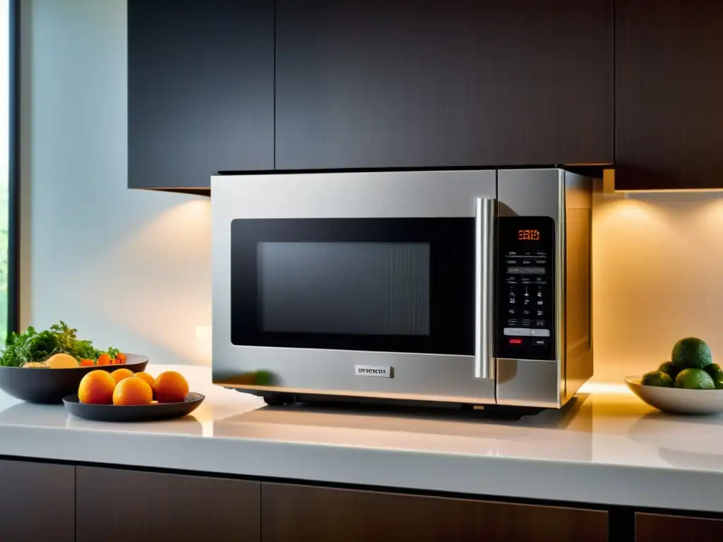 Microondas moderno con pantalla digital y panel táctil en cocina elegante Un microondas moderno con funciones avanzadas y diseño futurista, integrado en una cocina elegante y tecnológica