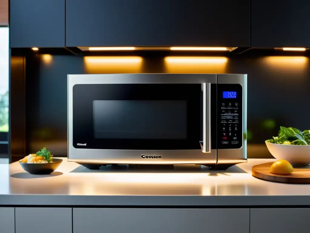 Microwave de última generación: sofisticación en tu cocina Un microondas moderno con funciones avanzadas tecnológicas en un elegante entorno hogareño, integrándose perfectamente en la decoración contemporánea