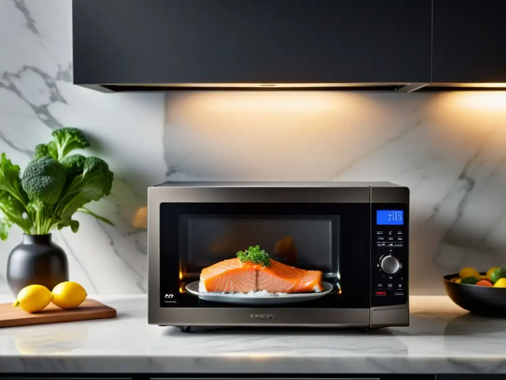 Un microondas moderno con funciones innovadoras, cocinando un salmón sazonado en una cocina contemporánea con luz natural suave