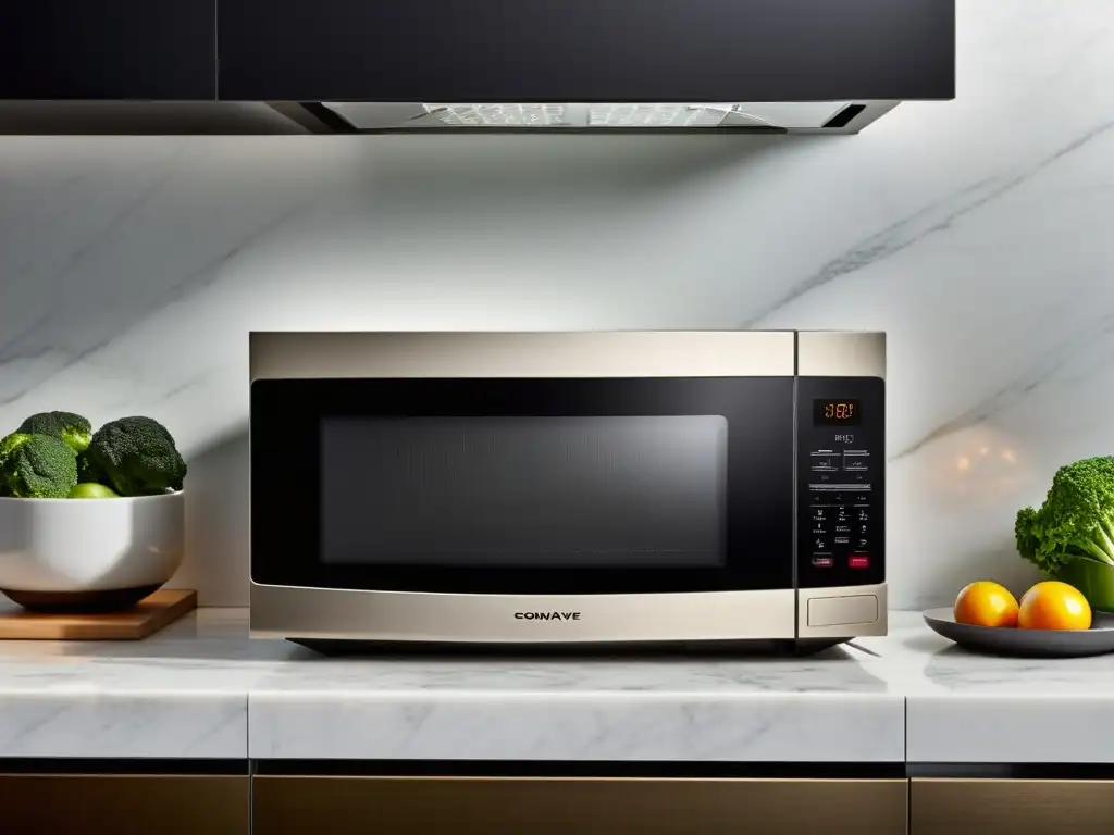 Un microondas moderno con funciones innovadoras iluminado por LED en una cocina contemporánea de alta gama