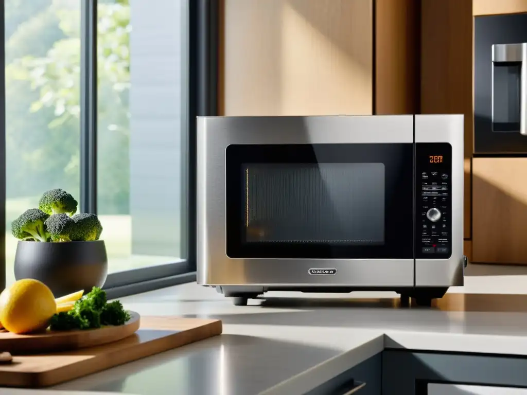 'Un microondas moderno con funciones innovadoras, en una cocina contemporánea llena de luz natural