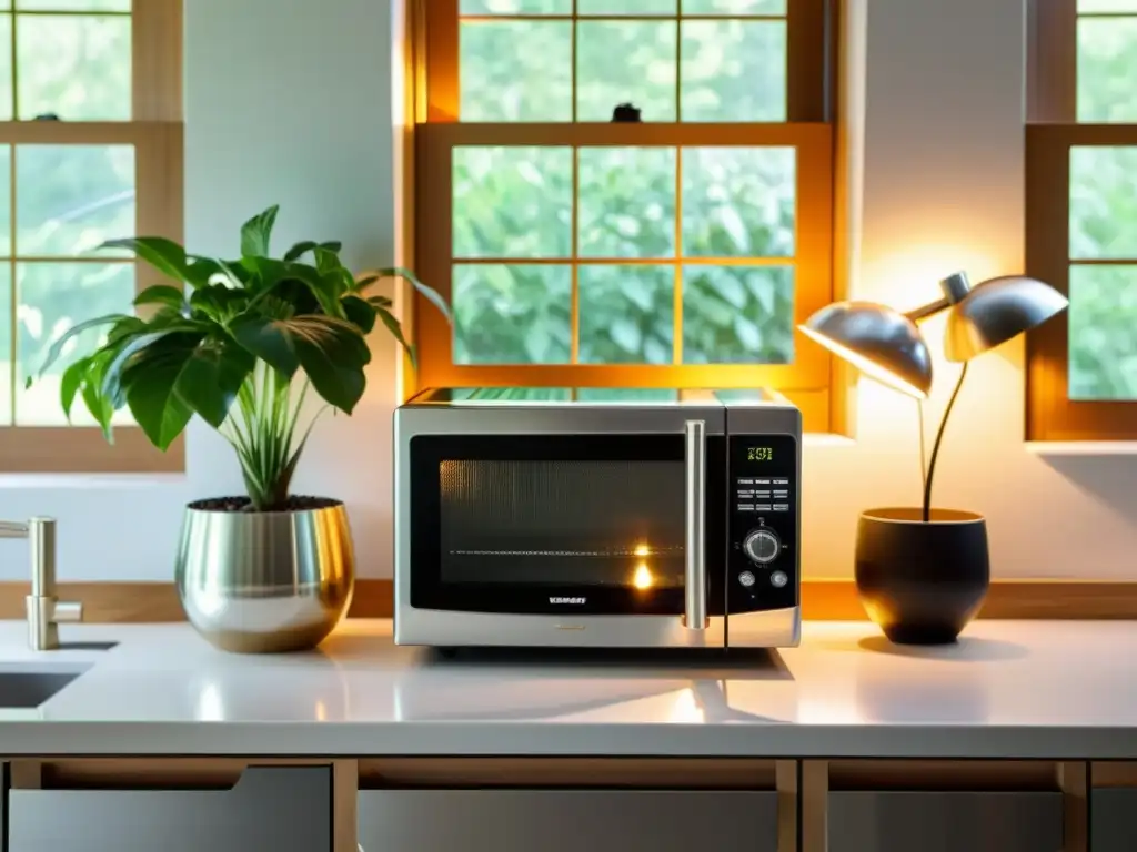 Encimera de cocina moderna con microondas reciclado en gabinete de vidrio y metal Un microondas viejo transformado en un elegante gabinete plateado y vidrio, resaltando la belleza del upcycling