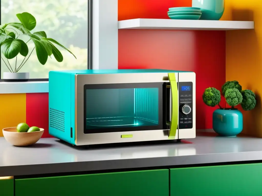 Microondas reciclado: arte geométrico en cocina moderna Microondas viejo transformado en joya de diseño, upcycling con estilo y colores vibrantes en una cocina moderna y acogedora