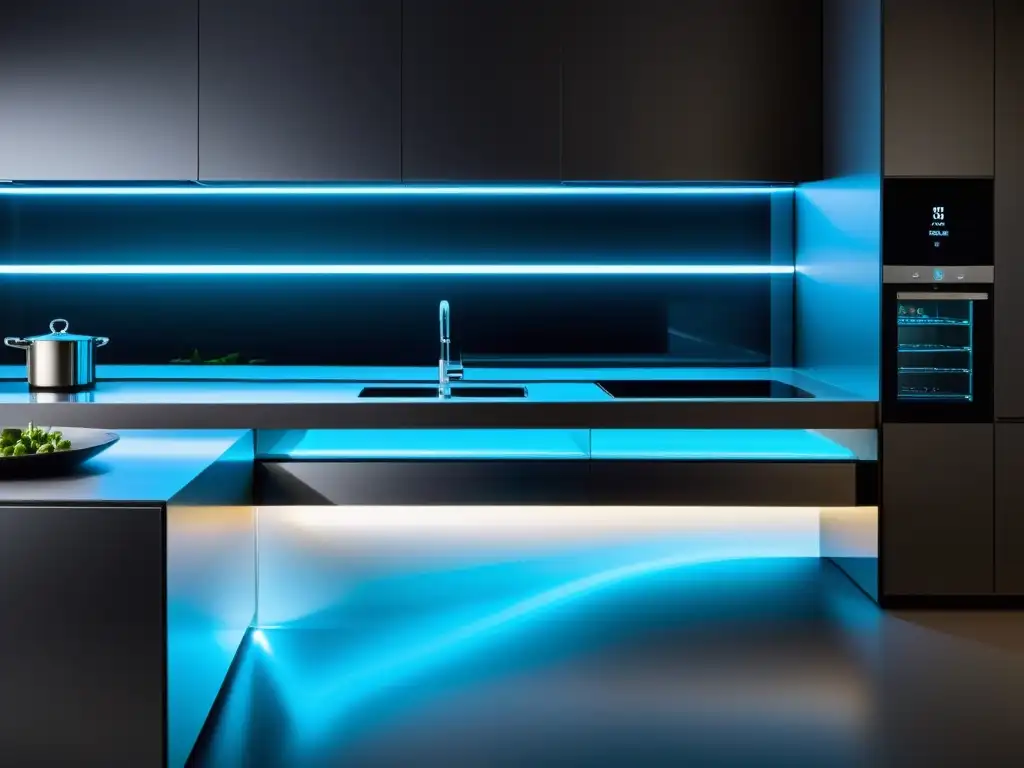 Cocina futurista de diseño minimalista y tecnología inteligente Minimalista cocina futurista con tecnologías emergentes integradas: electrodomésticos controlados digitalmente y pantallas holográficas