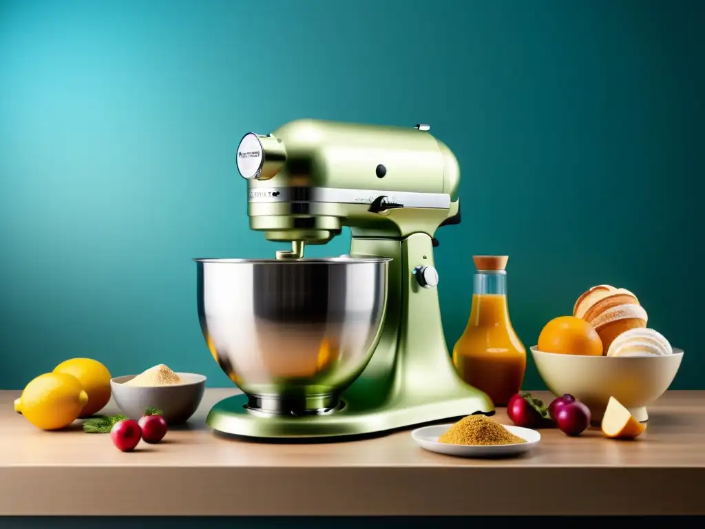 Mezcladora de alta tecnología: precisión y color Una moderna batidora de pie con pantalla digital y controles táctiles, rodeada de ingredientes coloridos y utensilios de repostería