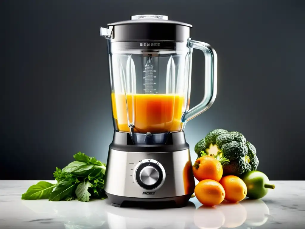 Una moderna batidora de vaso llena de frutas y verduras vibrantes, bañada en luz suave, listo para preparar deliciosos smoothies