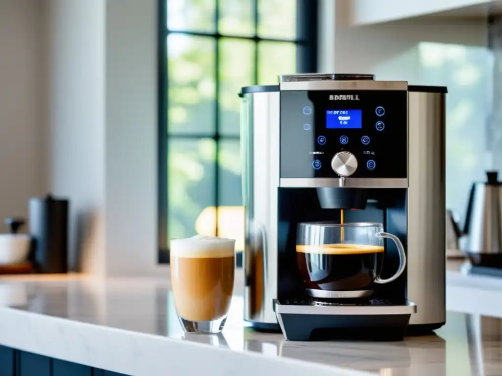 Cafetera automática de diseño en una cocina luminosa Una moderna cafetera automática en un elegante entorno blanco, bañada por la suave luz de la mañana