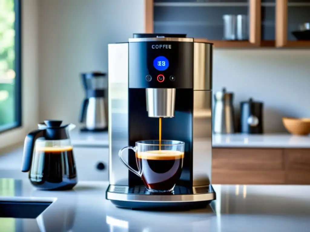 Cafetera moderna en cocina minimalista Una moderna cafetera con filtros avanzados y elegante diseño en una cocina minimalista, con una taza de café recién hecho