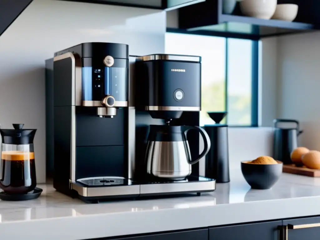 Una moderna cafetera con pantalla digital y ajustes personalizables en una cocina minimalista