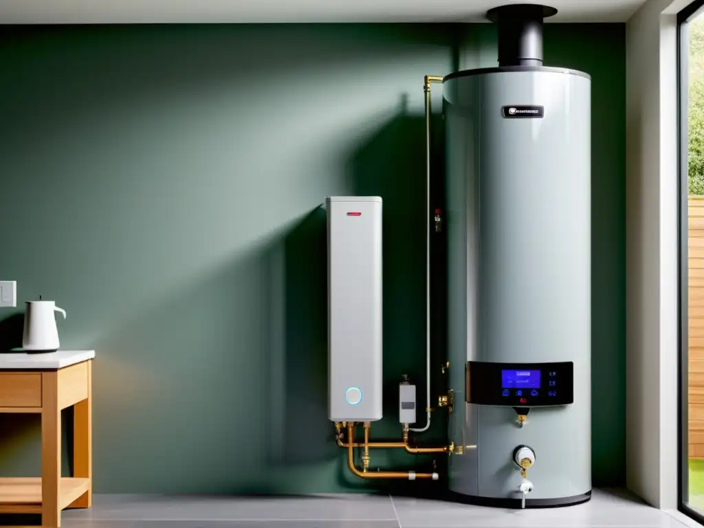 Sistema moderno de caldera y calentador de agua: eficiencia y tecnología avanzada 'Una moderna caldera y sistema de agua caliente eficiente en una sala de servicio contemporánea y bien iluminada