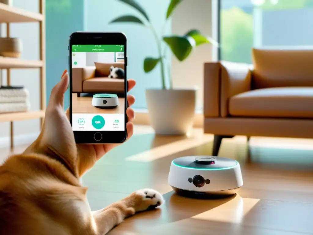 Una moderna cámara para mascotas en una elegante sala, donde el dueño usa la domótica para mascotas en casa para cuidar y entretener a su perro felizmente