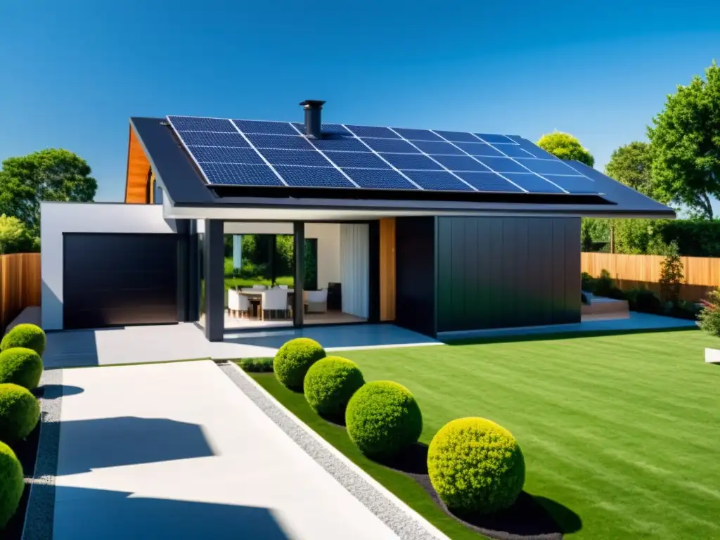 Casa moderna con paneles solares integrados Una moderna casa con paneles solares integrados en el techo