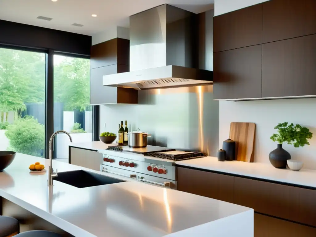 Cocina moderna con estufa profesional y campana de acero inoxidable Moderna cocina con campana extractora de acero inoxidable iluminada con LED, destacando la importancia de las campanas extractoras para la salud