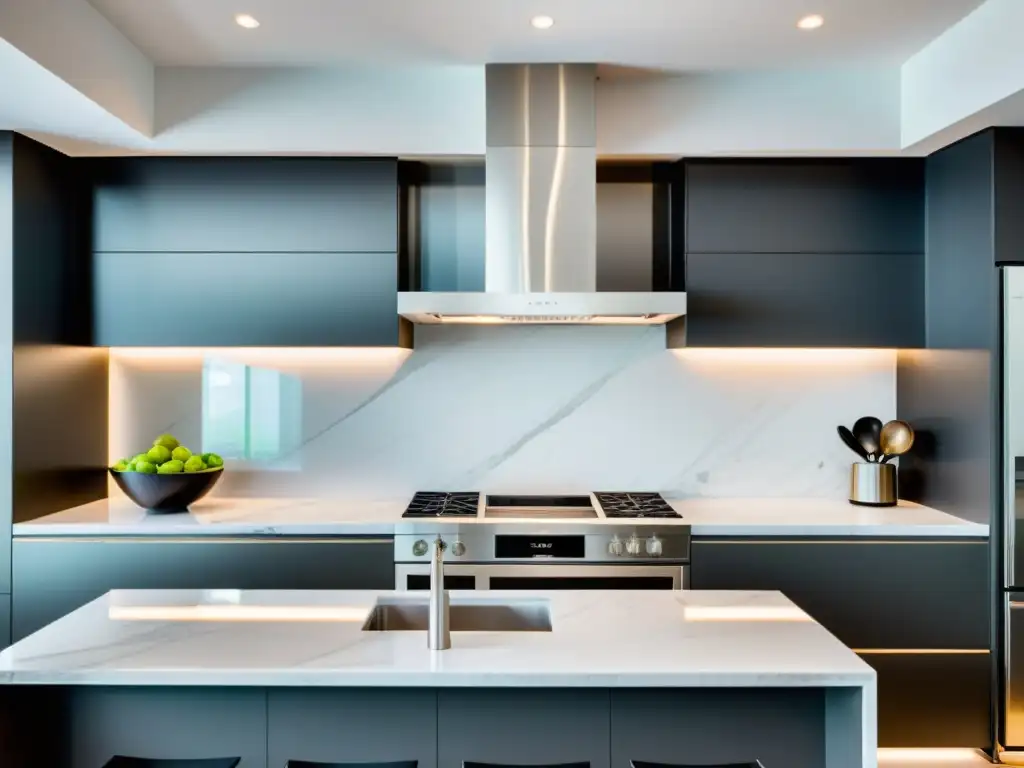 Campana extractora silenciosa para cocina moderna Una moderna cocina con campanas extractoras potentes y silenciosas sobre la estufa, iluminación LED suave y diseño elegante de acero inoxidable
