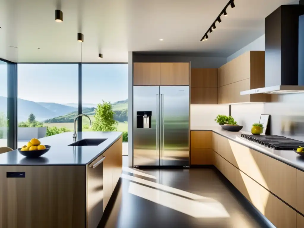 Cocina moderna y ecoamigable con paneles solares Moderna cocina ecofriendly iluminada por paneles solares, con electrodomésticos de alta eficiencia