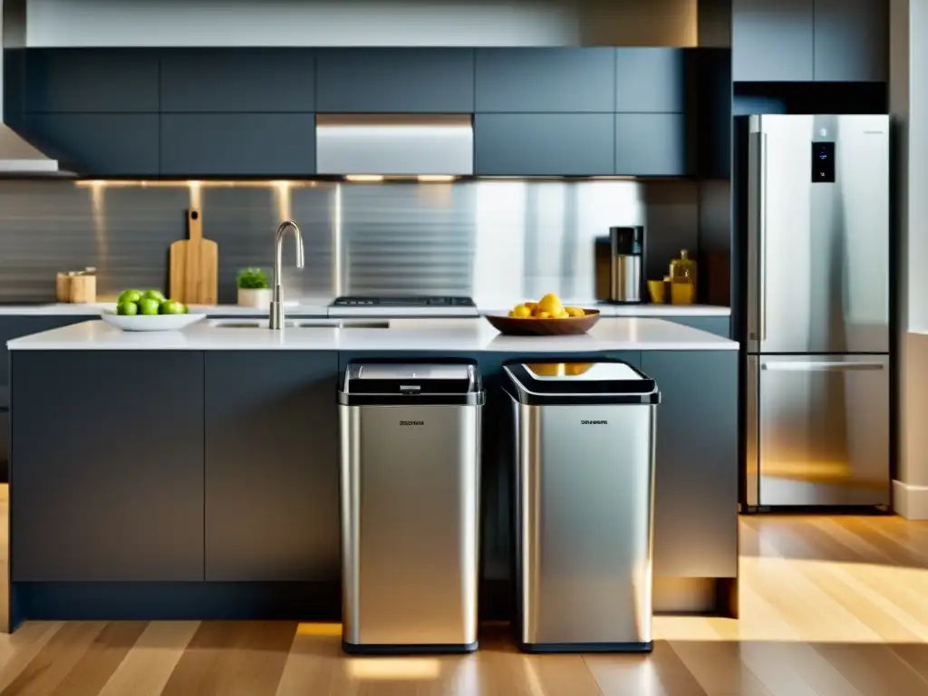 Cocina moderna con reciclaje de residuos electrónicos Moderna cocina con electrodomésticos de acero inoxidable, incluyendo un contenedor para reciclaje de dispositivos electrónicos, resaltando beneficios fiscales reciclaje electrodomésticos