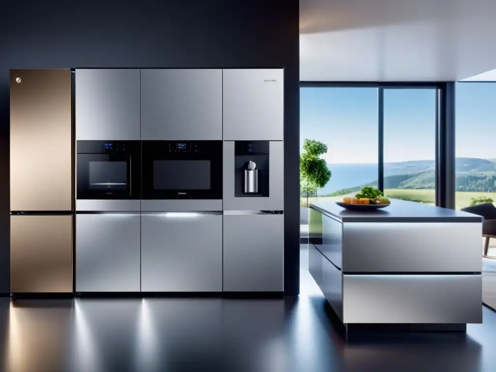 Cocina minimalista futurista con tecnología autónoma Moderna cocina con electrodomésticos autónomos para hogar, ambiente futurista y elegante
