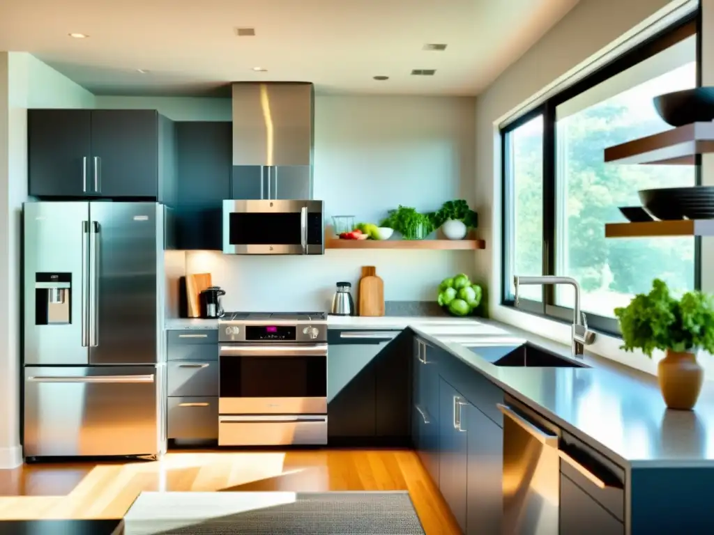 Cocina moderna con electrodomésticos de acero inoxidable y luz natural Moderna cocina con electrodomésticos de calidad y tecnología, ofreciendo un ambiente acogedor y sofisticado