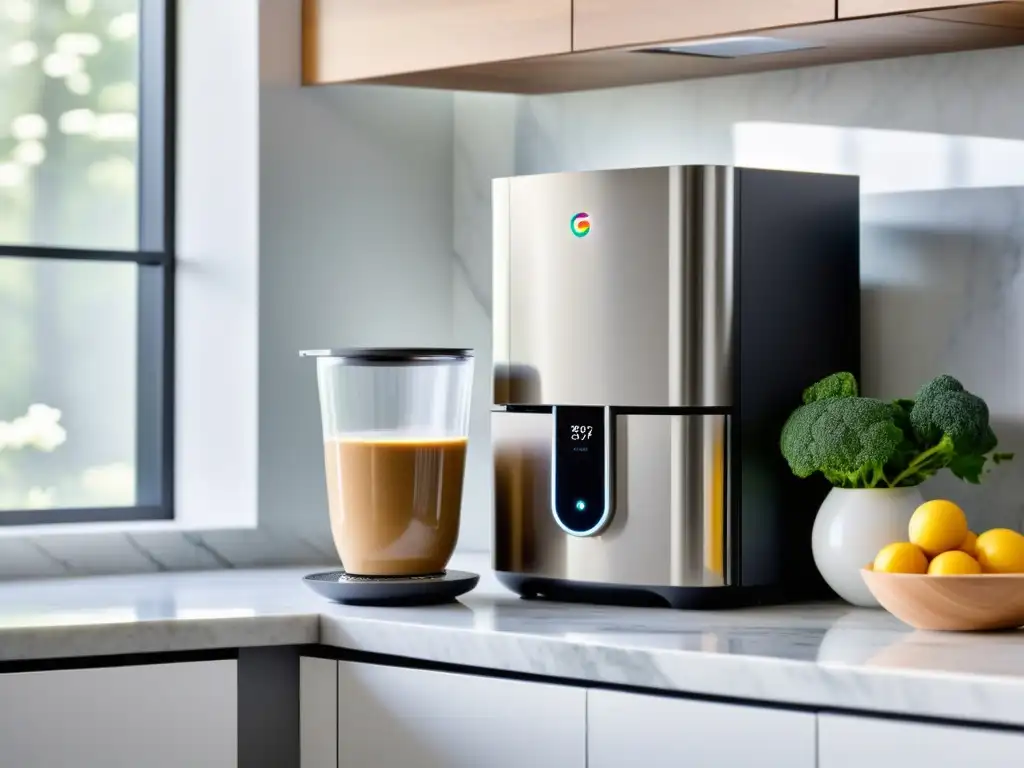 Cocina moderna con electrodomésticos inteligentes Moderna cocina con electrodomésticos compatibles con Google Assistant, integrados en un ambiente minimalista de mármol y luz natural