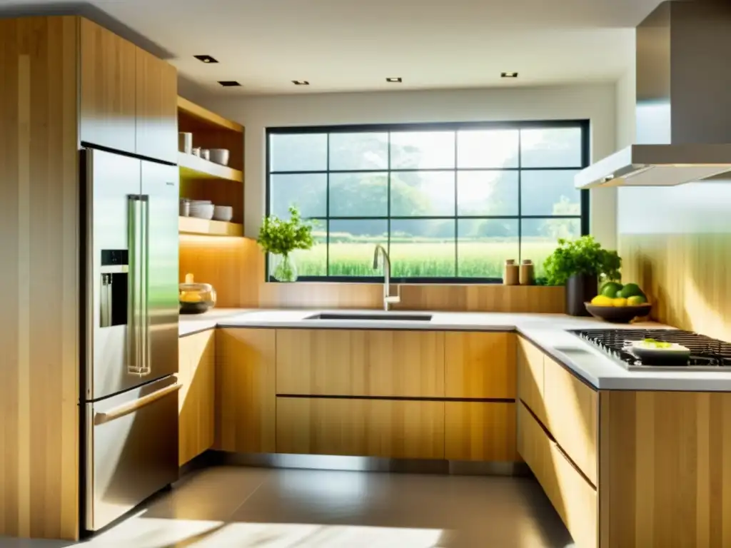 Moderna cocina con electrodomésticos de eficiencia energética y diseño de bambú, resaltados por la luz solar