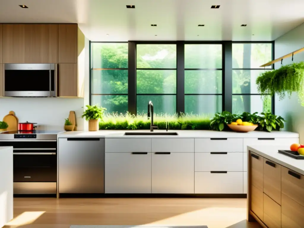 Cocina moderna: electrodomésticos ecoeficientes y diseño contemporáneo Moderna cocina con electrodomésticos eficientes rodeados de plantas, mostrando el efecto de programas ecológicos en los electrodomésticos