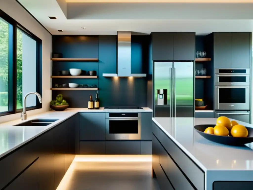Moderna cocina con electrodomésticos multifunción para hogar, organizados en un elegante espacio culinario con líneas limpias y diseño elegante