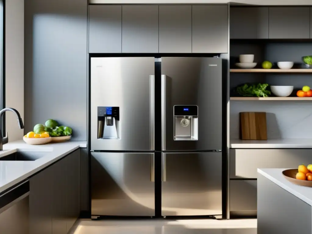 Cocina moderna con electrodomésticos de inverter y luces LED Moderna cocina con electrodomésticos de tecnología inverter, iluminada con LED suave y elegante diseño minimalista