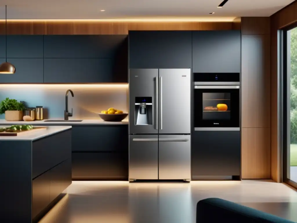 Cocina moderna con tecnología virtual integrada Moderna cocina con electrodomésticos integrados con asistentes virtuales, minimalista y high-tech con calidez y confort