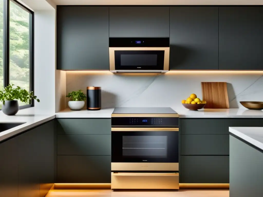 Cocina moderna y inteligente para espacios pequeños Moderna cocina con electrodomésticos inteligentes adaptados a espacios pequeños, elegante y funcional