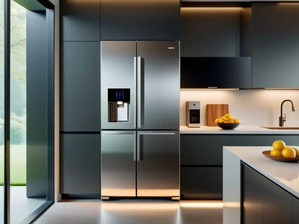 Cocina inteligente con electrodomésticos de acero inoxidable integrados Moderna cocina con electrodomésticos inteligentes de acero inoxidable integrados en un diseño minimalista, creando un ambiente cálido y acogedor