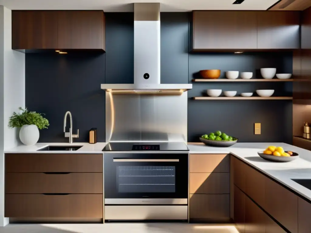 Cocina moderna con electrodomésticos inteligentes y diseño minimalista Moderna cocina con electrodomésticos inteligentes integrados, iluminación ambiental cálida