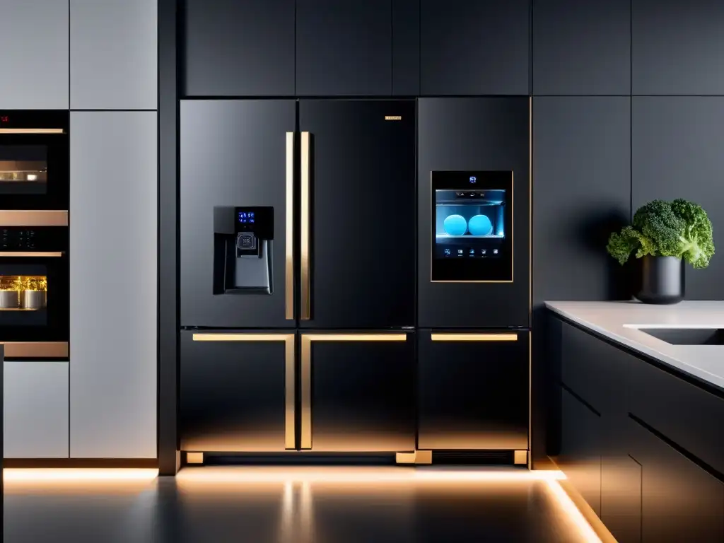 Cocina futurista con electrodomésticos inteligentes en negro Moderna cocina con electrodomésticos inteligentes integrados y ajustes ocultos, emitiendo elegancia futurista