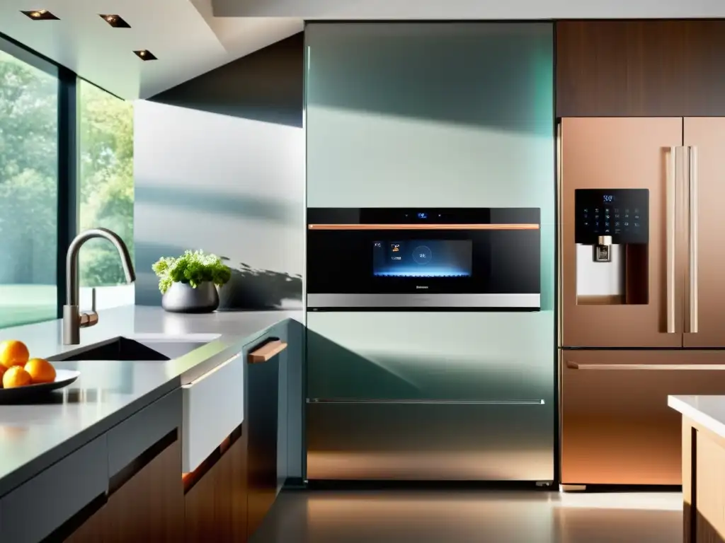 Moderna cocina con electrodomésticos inteligentes y eficiencia energética, creando un ambiente acogedor y vanguardista en el hogar contemporáneo