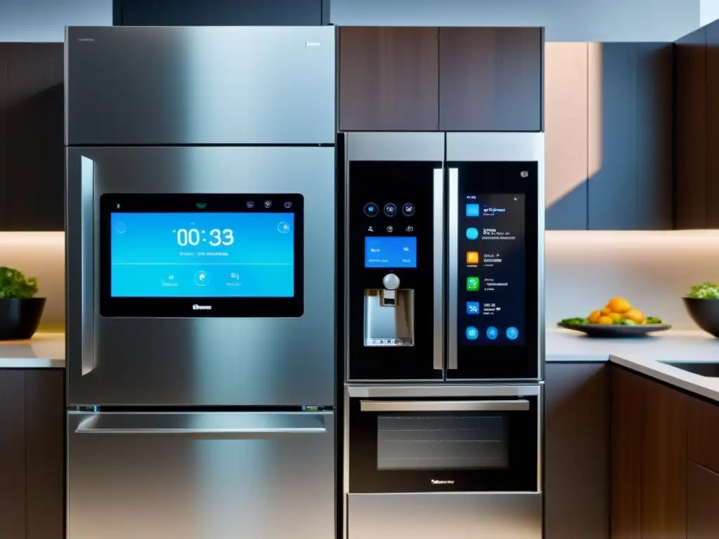 Cocina Futurista: Diseño Minimalista con Electrodomésticos Inteligentes Moderna cocina con electrodomésticos inteligentes para casa, pantalla táctil transparente en el refrigerador y comandos de voz en el horno y la estufa