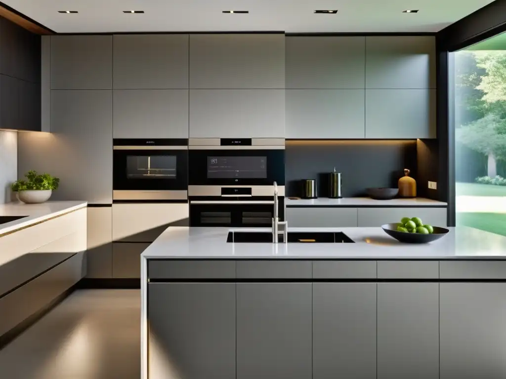 Cocina moderna con electrodomésticos inteligentes integrados Moderna cocina con electrodomésticos inteligentes integrados, controlados por un sistema de entretenimiento domótico hogar