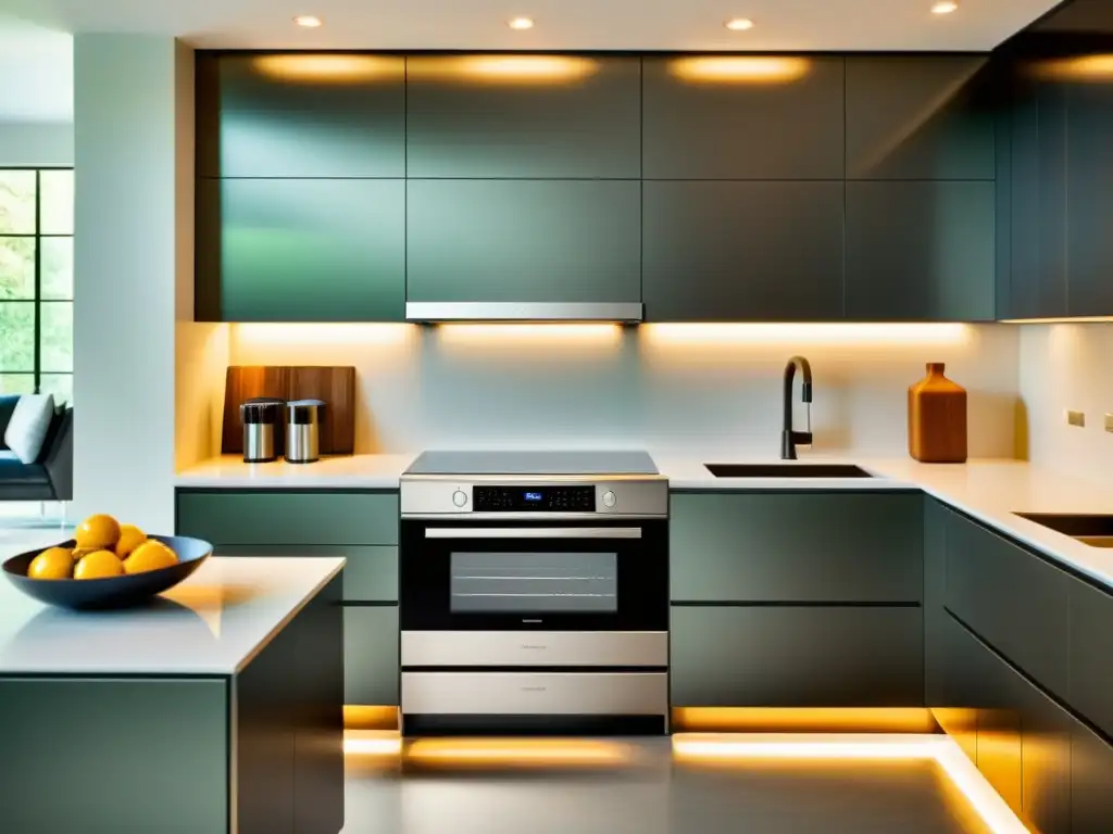 Cocina moderna y eficiente con electrodomésticos integrados Moderna cocina con electrodomésticos multifuncionales de bajo consumo energético integrados en el diseño, promoviendo eficiencia y sostenibilidad