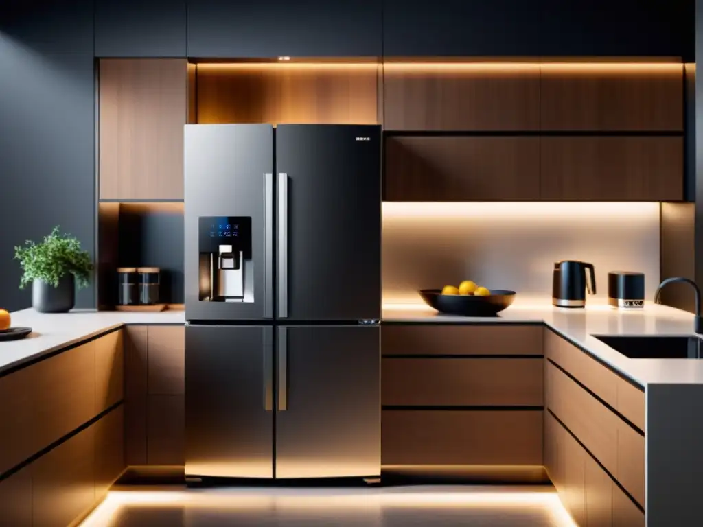 Cocina moderna con electrodomésticos de voz integrados Moderna cocina con electrodomésticos de reconocimiento de voz integrados en el diseño