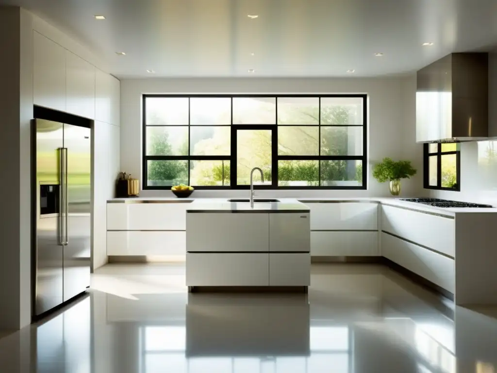Moderna cocina con electrodomésticos relucientes, isla blanca y luz natural
