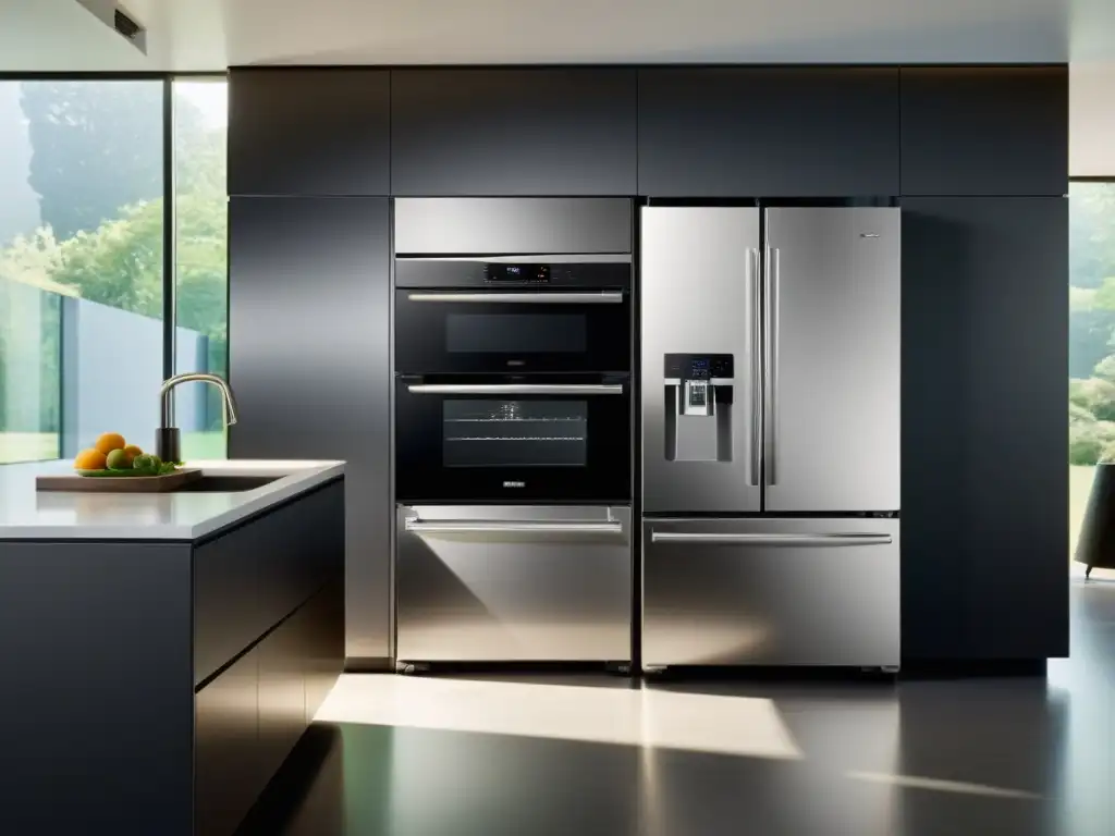Cocina moderna con electrodomésticos certificados IEC 60335 Moderna cocina con electrodomésticos seguros Normativa IEC 60335, iluminada por luz natural a través de grandes ventanas
